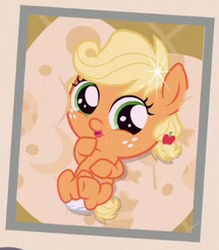 Size: 264x302 | Tagged: safe, screencap, applejack, earth pony, pony, g4, the one where pinkie pie knows, baby, baby pony, babyjack, cropped, cute, diaper, female, foal, jackabetes, looking at you, open mouth, smiling, solo