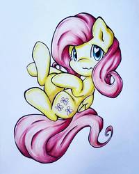 Size: 989x1236 | Tagged: safe, artist:gummigator, fluttershy, g4, copic, female, folded wings, heart eyes, high angle, looking at you, looking up, solo, traditional art, wingding eyes