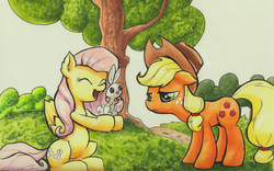 Size: 1920x1200 | Tagged: safe, artist:kittyhawk-contrail, angel bunny, applejack, fluttershy, rabbit, g4, applejack is not amused, copic, duo, holding, lidded eyes, open mouth, showing, sitting, traditional art, tree, unamused