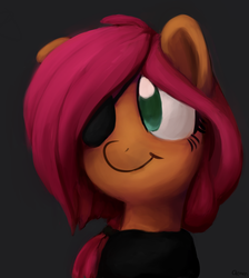 Size: 1968x2200 | Tagged: safe, artist:aemuhn, fluttershy, g4, alternate hairstyle, alternate universe, bust, clothes, eyepatch, female, looking away, portrait, smiling, solo, sweater, sweatershy, turtleneck