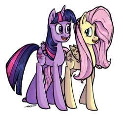 Size: 2000x1878 | Tagged: safe, artist:fishstickmystic, fluttershy, twilight sparkle, alicorn, pony, g4, conversation, duo, folded wings, hair over one eye, simple background, talking, tall, transparent background, twilight sparkle (alicorn), walking