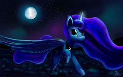 Size: 2000x1250 | Tagged: safe, artist:cyonixcymatro, princess luna, g4, female, flying, glowing horn, horn, moon, night, solo, stars