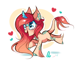 Size: 1000x845 | Tagged: safe, artist:ipun, oc, oc only, oc:summer bloom, pony, unicorn, curved horn, heart, heart eyes, horn, open mouth, raised hoof, simple background, smiling, solo, unshorn fetlocks, white background, wingding eyes