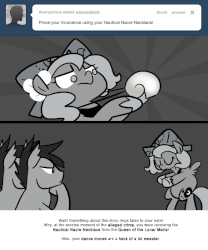 Size: 666x800 | Tagged: safe, artist:egophiliac, princess luna, oc, oc:frolicsome meadowlark, oc:sunshine smiles (egophiliac), bat pony, pony, moonstuck, g4, animated, bipedal, cartographer's cap, dancing, filly, gif, grayscale, hat, monochrome, moonflower, nautical nacre necklace, woona, younger