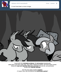 Size: 666x800 | Tagged: safe, artist:egophiliac, princess luna, oc, oc:frolicsome meadowlark, oc:sunshine smiles (egophiliac), bat pony, pony, moonstuck, g4, cartographer's cap, filly, grayscale, hat, monochrome, sad, woona, younger