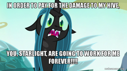 Size: 800x450 | Tagged: safe, edit, edited screencap, screencap, queen chrysalis, changeling, changeling queen, g4, to where and back again, female, former queen chrysalis, image macro, makeameme.org, male, meme, mr. krabs, solo, spongebob squarepants, squid on strike