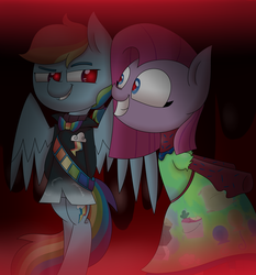 Size: 2560x2743 | Tagged: safe, artist:supercoco142, pinkie pie, rainbow dash, g4, clothes, crossover, don't hug me i'm scared, dress, female, high res, lesbian, pinkamena diane pie, ship:pinkiedash, shipping