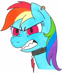 Size: 2856x3380 | Tagged: safe, artist:steam-loco, rainbow dash, pony, g4, angry, collar, cutie mark collar, ear piercing, earring, female, gritted teeth, high res, jewelry, piercing, simple background, solo