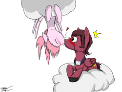 Size: 1024x768 | Tagged: safe, artist:wolftendragon, pegasus, pony, cloud, giroro, kissing, male, natsumi, ponified, straight