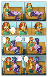 Size: 1024x1638 | Tagged: safe, artist:northlights8, starlight glimmer, sunburst, pony, unicorn, g4, ..., blushing, comic, couch, dialogue, fake glasses, glasses, levitation, lidded eyes, magic, male, on back, open mouth, prone, reading, ship:starburst, shipping, sitting, smiling, spellbook, straight, sweat, sweatdrop, telekinesis, thought bubble, tongue out, wide eyes