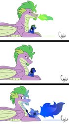 Size: 1024x1828 | Tagged: safe, artist:colourstrike, spike, oc, oc:torch, dragon, g4, comic, eyes closed, father and son, fire, fire breath, offspring, older, older spike, open mouth, parent:princess ember, parent:spike, parents:emberspike, prone, smiling, spread wings, surprised, winged spike, wings
