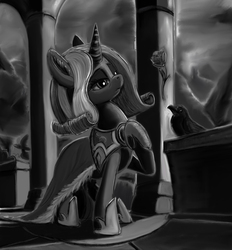 Size: 3180x3433 | Tagged: safe, artist:ponsce, princess platinum, bird, crow, pony, unicorn, g4, cape, clothes, female, flower, frown, grayscale, high res, horseshoes, lidded eyes, monochrome, rose, solo