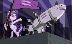 Size: 1024x631 | Tagged: safe, artist:diggerstrike, starlight glimmer, pony, g4, airship, bipedal, bipedal leaning, command and conquer, crossover, equal sign, female, flag, grin, kirov airship, leaning, red alert 2, red alert 3, rocket, smiling, solo, stalin glimmer, underhoof