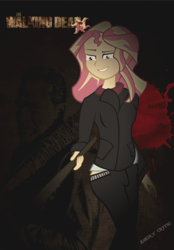 Size: 1000x1440 | Tagged: safe, artist:ngrycritic, sunset shimmer, equestria girls, g4, clothes, club (weapon), cosplay, crossover, female, grin, negan, negan shimmer, pants, smiling, solo, the walking dead