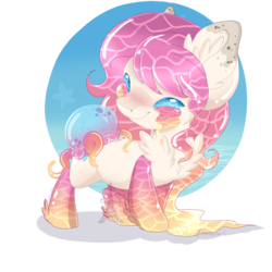 Size: 1024x1024 | Tagged: safe, artist:pvrii, oc, oc only, jellyfish, blushing, chest fluff, ear fluff, eyes closed, simple background, smiling, solo, transparent background