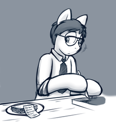 Size: 668x711 | Tagged: safe, artist:deyogee, semi-anthro, clothes, crossover, food, glasses, h.p. lovecraft, herbert west, monochrome, ponified, re-animator, sketch, solo