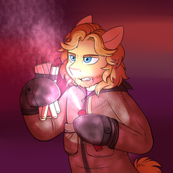 Size: 1440x1440 | Tagged: safe, artist:deyogee, pony, semi-anthro, clothes, crossover, dynamite, explosives, john carpenter's the thing, macready, ponified, r.j. macready, solo, the thing