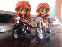 Size: 2592x1944 | Tagged: safe, sunset shimmer, equestria girls, g4, boots, clothes, doll, equestria girls minis, eqventures of the minis, female, irl, jacket, leather jacket, motorcycle, photo, self paradox, skirt, toy