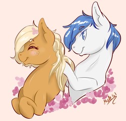 Size: 1280x1234 | Tagged: safe, applejack, oc, oc:constance everheart, g4, blushing, braiding, canon x oc, everjack, flower, shipping, smiling