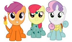 Size: 1391x806 | Tagged: safe, artist:red4567, apple bloom, scootaloo, sweetie belle, bulbasaur, charmander, squirtle, g4, on your marks, adorabloom, crossover, cute, cutealoo, cutie mark crusaders, diasweetes, female, filly, higher quality in description, pokémon, sitting