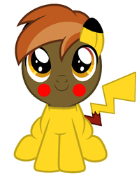 Size: 770x966 | Tagged: safe, artist:red4567, button mash, pikachu, g4, buttonbetes, clothes, colt, costume, crossover, cute, foal, higher quality in description, male, pokémon, simple background, sitting, smiling, solo