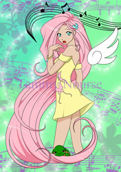 Size: 1200x1700 | Tagged: safe, artist:rhela, fluttershy, human, turtle, g4, :3, :o, bracelet, clothes, dress, female, floating wings, humanized, jewelry, looking at you, looking back, music notes, open mouth, solo, winged humanization