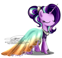 Size: 998x935 | Tagged: safe, artist:tiffanymarsou, starlight glimmer, g4, clothes, dress, eyes closed, female, obtrusive text, obtrusive watermark, simple background, smiling, solo, transparent background, watermark