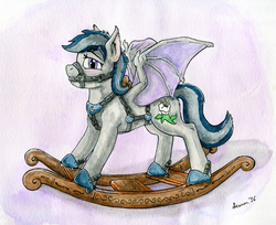 Size: 2752x2241 | Tagged: safe, artist:icaron, oc, oc only, oc:daturea eventide, bat pony, pony, bit gag, bondage, breast collar, bridle, gag, harness, high res, rocking horse, rocking horse bondage, saddle, solo, spread wings, tack, traditional art, watercolor painting