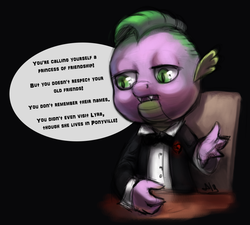 Size: 1058x952 | Tagged: safe, artist:spirit-alu, spike, dragon, amending fences, g4, bust, chair, clothes, cosplay, costume, dialogue, frown, lidded eyes, male, open mouth, sitting, solo, suit, the godfather