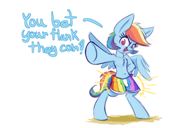Size: 1280x939 | Tagged: safe, artist:heir-of-rick, rainbow dash, pony, g4, bipedal, chest fluff, clothes, cute, dashabetes, dialogue, female, fluffy, impossibly large ears, looking at you, open mouth, pointing, simple background, smiling, solo, spread wings, swimming trunks, swimsuit, topless, underhoof, white background