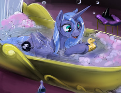 Size: 1280x989 | Tagged: safe, artist:silfoe, princess luna, alicorn, pony, g4, bath, bubble, bubble bath, colored sketch, cute, female, happy, hoof hold, lunabetes, mare, missing accessory, on the moon for too long, open mouth, rubber duck, s1 luna, silfoe is trying to murder us, smiling, solo, water, wet mane