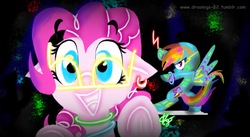 Size: 1440x790 | Tagged: safe, artist:vago-xd, pinkie pie, rainbow dash, pony, g4, bipedal, dancing, duo, neon