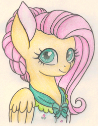 Size: 835x1069 | Tagged: safe, artist:pexi2012, flutterholly, fluttershy, g4, bust, clothes, dress, female, folded wings, looking at you, portrait, simple background, smiling, solo, traditional art, white background