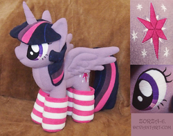 Size: 889x700 | Tagged: safe, artist:zorza-6, twilight sparkle, alicorn, pony, g4, clothes, irl, photo, plushie, socks, solo, striped socks, twilight sparkle (alicorn)