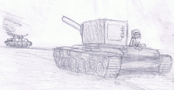 Size: 1250x650 | Tagged: safe, oc, oc only, oc:veronika, kv-2, monochrome, pencil drawing, red army, stronk tenk, tank (vehicle), traditional art, world war ii