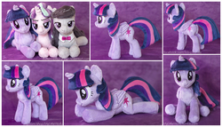 Size: 2002x1148 | Tagged: safe, artist:buttercupbabyppg, octavia melody, starlight glimmer, twilight sparkle, alicorn, pony, g4, beanie (plushie), irl, photo, plushie, prone, sitting, solo focus, twilight sparkle (alicorn)