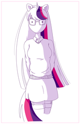 Size: 1715x2642 | Tagged: safe, artist:lemanda, twilight sparkle, human, anthro, g4, clothes, female, garter belt, garters, glasses, horn, horned humanization, humanized, simple background, skirt, solo, stockings, sweater, thigh highs