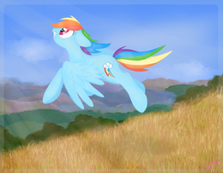 Size: 3000x2330 | Tagged: safe, artist:lemanda, rainbow dash, pony, g4, female, flying, grass, grass field, grassland, high res, hill, mountain, solo