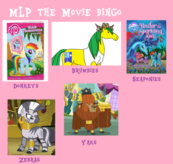 Size: 2036x1928 | Tagged: safe, electra, fluttershy, pinkie pie, prince rutherford, rainbow dash, twilight sparkle, zecora, oc, oc:brumby bruce, sea pony, yak, zebra, g4, my little pony: the movie, my little pony: under the sparkling sea, ameet, bingo, book, brumby, treasure of donkeyville