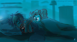 Size: 1440x785 | Tagged: safe, artist:vago-xd, pinkie pie, rainbow dash, human, pony, unicorn, g4, humanized, sleeping