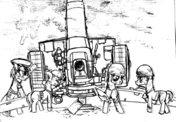 Size: 1300x900 | Tagged: safe, oc, oc only, oc:veronika, artillery, monochrome, red army, traditional art, war, world war ii