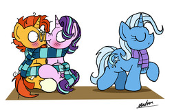 Size: 1908x1220 | Tagged: safe, artist:bobthedalek, starlight glimmer, sunburst, trixie, pony, unicorn, g4, blushing, bondage, bound together, clothes, eyes closed, female, looking at each other, male, nose wrinkle, now kiss, scarf, scrunchy face, shared clothing, shared scarf, ship:starburst, shipper on deck, shipping, simple background, sitting, straight, the great and powerful shipper, trio, walking, white background, wide eyes