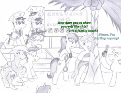 Size: 3259x2502 | Tagged: safe, artist:poseidonathenea, derpy hooves, dinky hooves, oc, oc:ethical way, oc:matilda, pegasus, pony, g4, beach, bikini, clothes, female, high res, mare, monochrome, nude beach, police officer, police pony, reacting to nudity, swimsuit, traditional art, we don't normally wear clothes