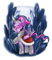 Size: 675x771 | Tagged: safe, artist:vago-xd, part of a set, king sombra, twilight sparkle, alicorn, pony, unicorn, g4, armor, bevor, boots, cape, chestplate, clothes, costume, crown, crystal, dark crystal, female, gorget, horn, horn cap, horn guard (armor), horseshoes, jewelry, nightmare night, nightmare night costume, regalia, robe, shoes, simple background, solo, sombra eyes, sombra's cape, tiara, twilight sparkle (alicorn), white background