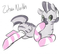 Size: 1280x1163 | Tagged: safe, artist:starbeli, oc, oc only, oc:zebra north, zebra, boop, clothes, femboy, girly, looking at you, male, on side, self-boop, simple background, smiling, socks, solo, stallion, striped socks, white background, zebra femboy, zebra oc