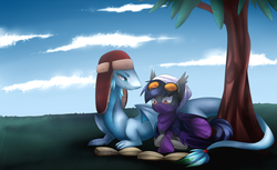 Size: 4200x2570 | Tagged: safe, artist:scarlet-spectrum, oc, oc only, oc:noxavian, oc:yaretzi, bat pony, dragon, pony, wyrm, book, clothes, commission, duo, goggles, high res, reading, scenery, tree