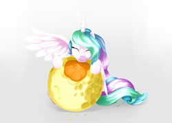 Size: 4900x3500 | Tagged: safe, artist:poecillia-gracilis19, princess celestia, g4, cute, cutelestia, edible heavenly object, eyes closed, female, moon, simple background, solo, tangible heavenly object