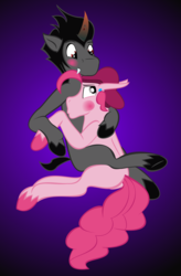 Size: 1681x2568 | Tagged: safe, artist:php37, king sombra, pinkie pie, earth pony, pony, unicorn, blushing, bubble berry, colored horn, curved horn, fangs, gay, horn, hug, male, rule 63, shipping, sombra horn, sombraberry, sombrapie, stallion, unshorn fetlocks