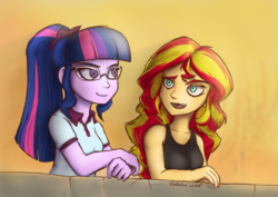 Size: 1170x829 | Tagged: safe, artist:gabbslines, sci-twi, sunset shimmer, twilight sparkle, equestria girls, g4, clothes, glasses, open mouth, signature, smiling