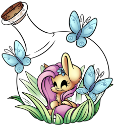Size: 4919x5386 | Tagged: safe, artist:cutepencilcase, fluttershy, butterfly, absurd resolution, bottle, chest fluff, cute, eyes closed, female, fluffy, grass, pony in a bottle, shyabetes, simple background, sitting, smiling, solo, transparent background